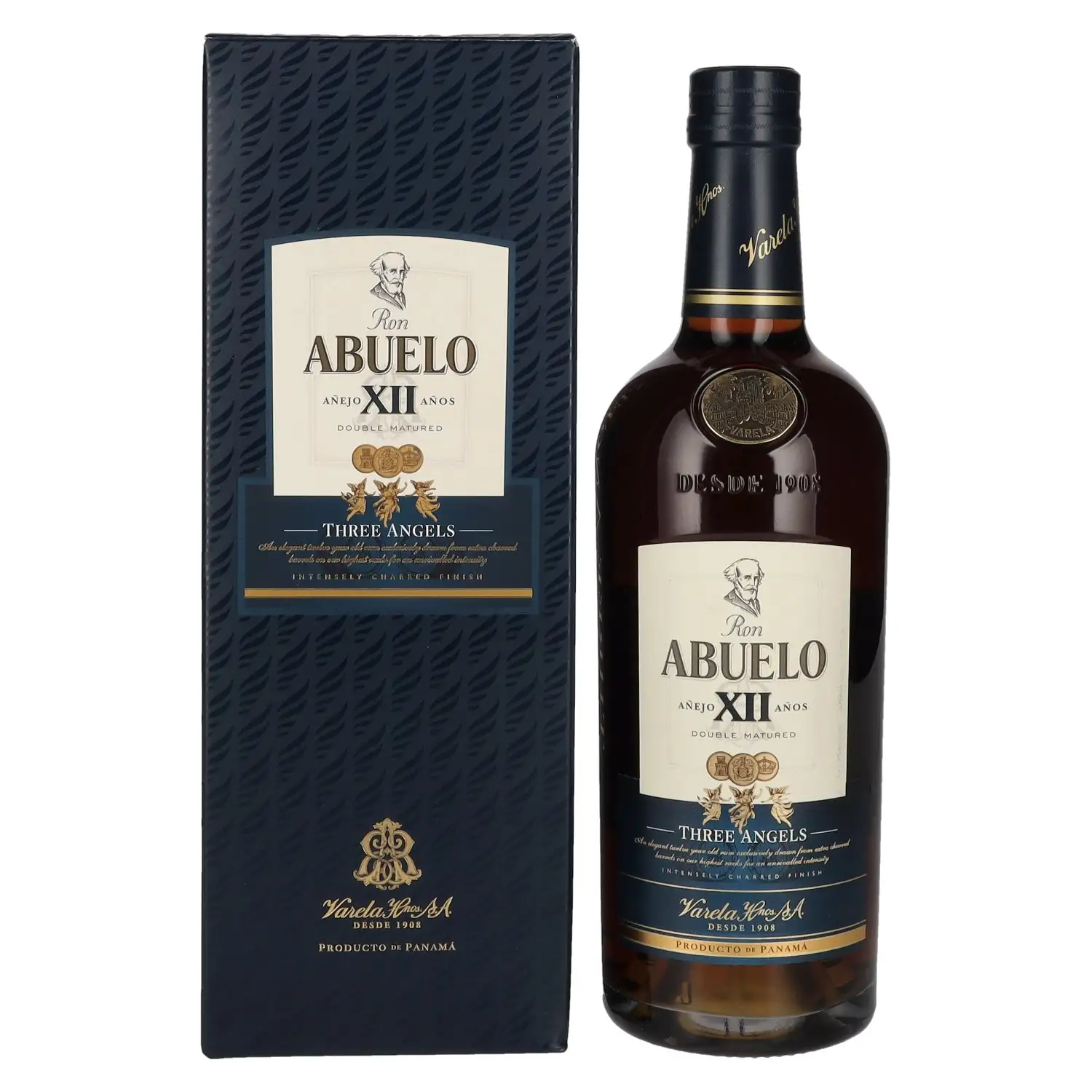 Image of the front of the bottle of the rum Ron Abuelo Añejo XII Años (Three Angels)