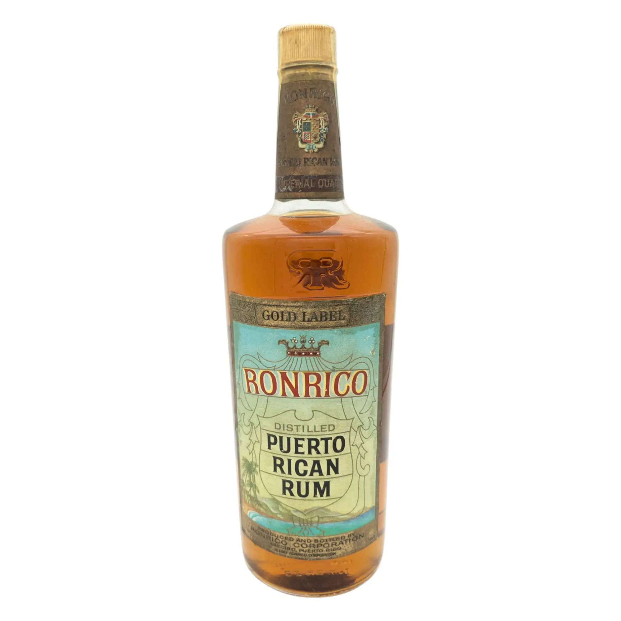 Image of the front of the bottle of the rumRonrico Gold Label 1970s