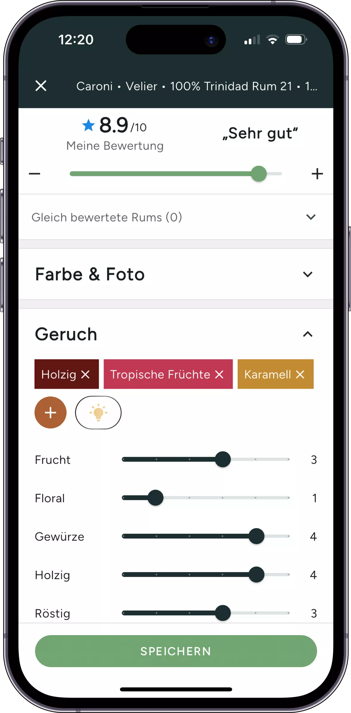 Screenshot: Eingeben einer Verkostungsnotiz in der iOS App